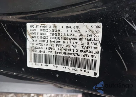 2006 Honda Cr-V Ex from USA, damaged, VIN SHSRD78896U433754